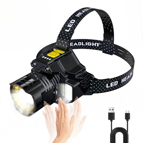 Rechargeable Sensor-Control Headlamp for Adults ? Super Bright Head Lights for Forehead with Zoomable Beam & 5 Modes, Waterproof Camping Headlamps for Hiking, Running, Emergency (Type-C Charging)