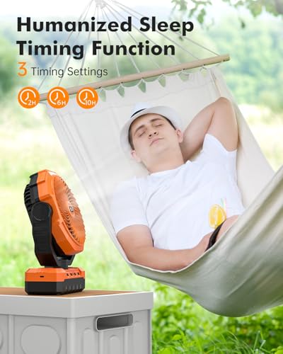 Orange 36000mAh Detachable Rechargeable Camping Fan with LED Light and Power Bank