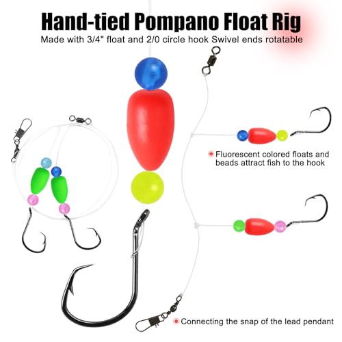 Pre-Rigged Saltwater Fishing Rigs with Floats Beads Double Circle Hooks - 5 Colors 15PCS