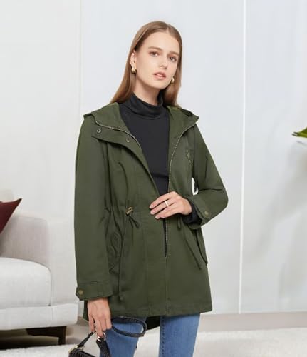 Women's Lightweight Utility Anorak Jacket with Drawstring Waist - Green, Medium
