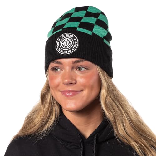 Demon Slayer Adult Tanjiro Embroidered Patch Knit Cuff Beanie Cap Hat for Men and Women Multicolored