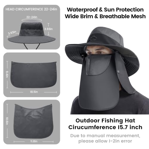 Dark Grey Waterproof Sun Hat with UPF 50+ Face Cover & Neck Flap - Men Women Bucket Hat