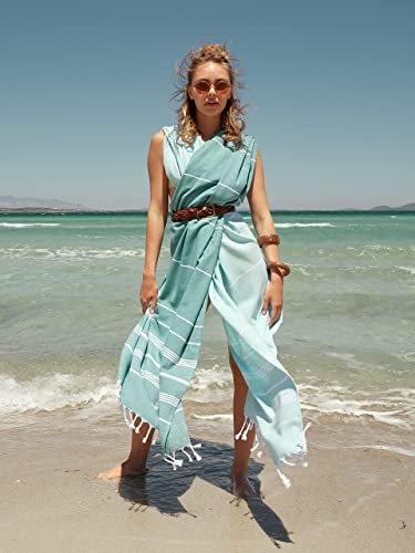 Turkish Beach Towel with Travel Bag - Quick Dry Sand-Free Oversized Aqua Blue