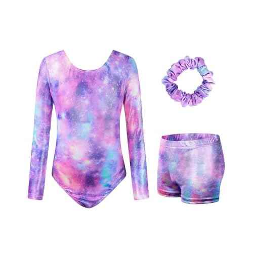 JiAmy Leotards for Girls Gymnastics, Long Sleeve Sparkly Dance Biketards with Shorts Ballet Tumbling Outfit for 3-12 Years