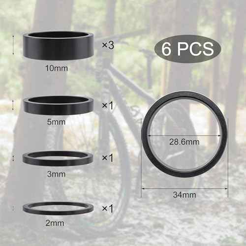 Quacc 6 PCS Headset Spacers 1 1/8" Aluminum Alloy Bike Headset Spacers for MTB BMX Road Bikes 2mm 3mm 5mm 10mm (Black)