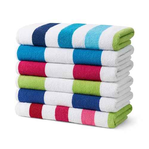 Ben Kaufman Cabana Stripe Beach & Pool Towel - Large Cotton Terry Beach Towel - Soft & Absorbant - Assorted Colors - 30" x 60" - 6 Pack