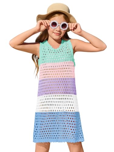 Kids Girls Color Block Crochet Swim Cover Up Dress - Light Green, 7-8 Years