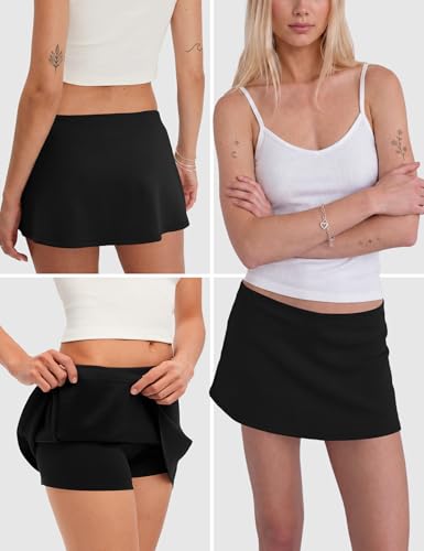 Women's Low Rise Micro Mini Skirt Skort with Built-In Shorts - Medium Black