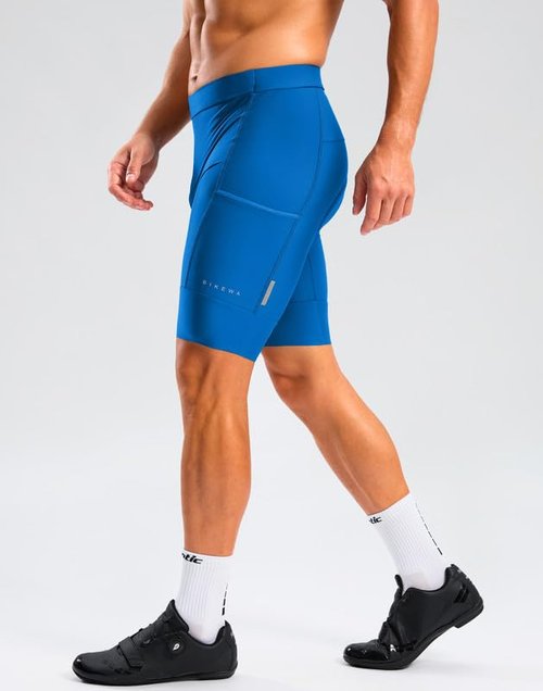 Bikewa Men's Bike Shorts 4D Padded Cycling Shorts for Men Road Riding Biking Bicycle Zipper Pockets(Blue,L)