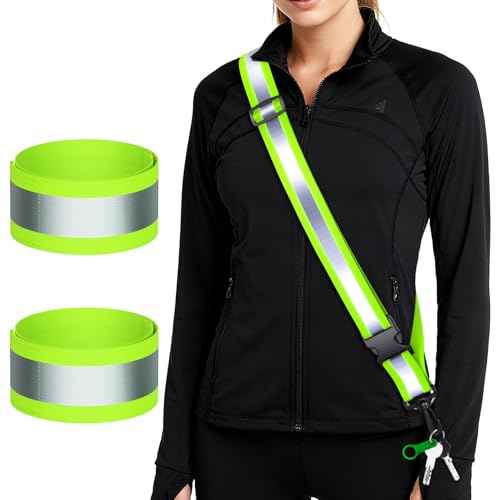 Reflective Walking Gear at Night, High Visibility Safety Reflective Sash Belt and 2-Pack Armband Set, Night Running Safety Gear for Women Men Kids, Green