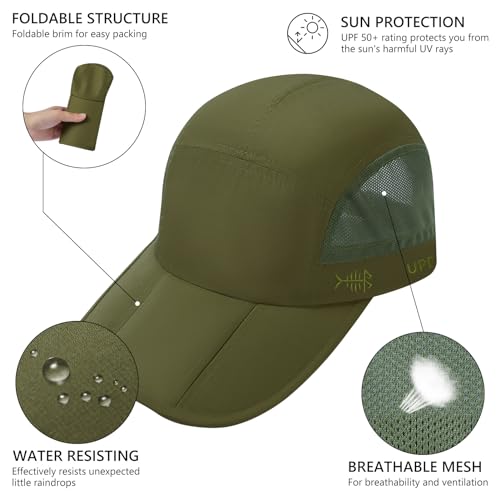 Folding Fishing Hat UPF 50+ Water-Resistant Baseball Cap for Men Women - Olive Green, One Size
