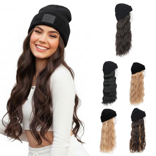 Beanie Wig with Hair - Synthetic Wavy Extensions 18 Inch - Black & Brown Variation