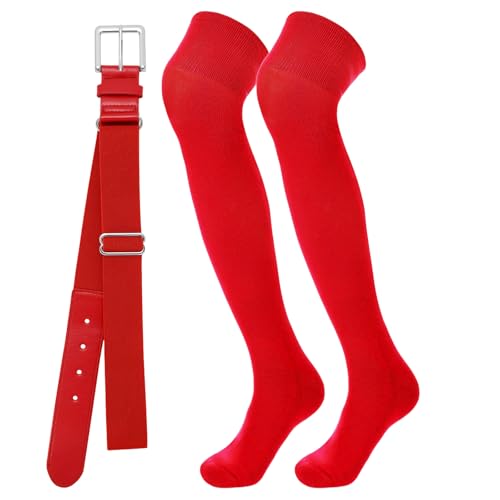 Youth & Adult Baseball Socks and Belt Combo Over the Knee Red Medium