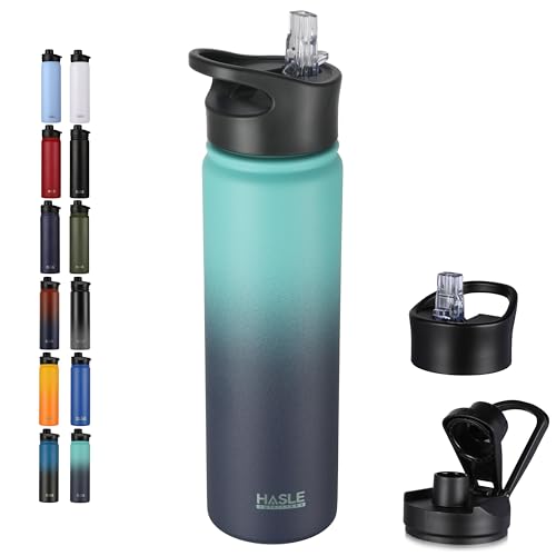 Insulated Water Bottle 22 oz with Wide Mouth, Straw & Spout Lids - Green Blue Gradient