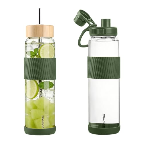 Military Green Borosilicate Glass Water Bottle 32 oz with 2 Lids & Straw