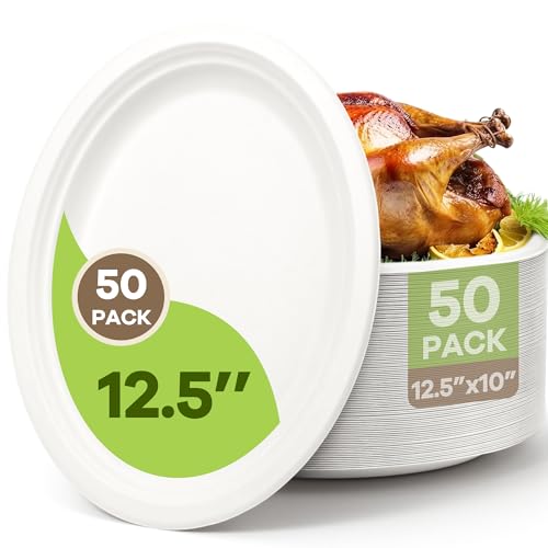 Off-White 12.5 Inch Compostable Paper Plates - 50 Pack Eco-Friendly Bagasse Platters
