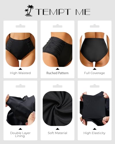 High Waisted Bikini Bottoms for Women Tummy Control Swimsuit Bottoms Large Black