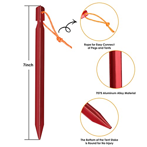 Grassman 7 Inch 16 Pack Tent Stakes - Heavy Duty Aluminium Ground Pegs with Reflective Loop, Red