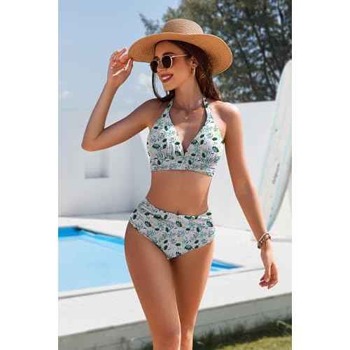 AI'MAGE Women High Waisted Bikini Sets Tummy Control Swimsuits Two Piece Swim Suits 2025 V-Neck Halter Ruched Bathing Suits