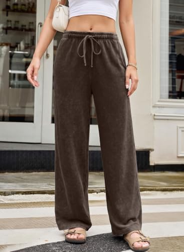 Women’s Acid Washed Wide Leg Casual Pants - Medium Coffee