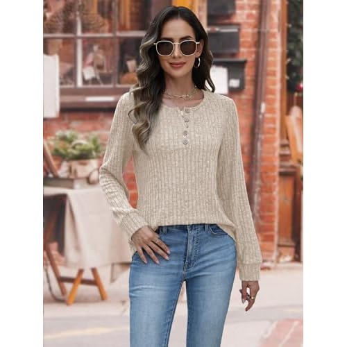 MixShe Womens Henley Sweaters 2025 Fall Winter Ribbed Knit V Neck Button Pullover Long Sleeve Tops