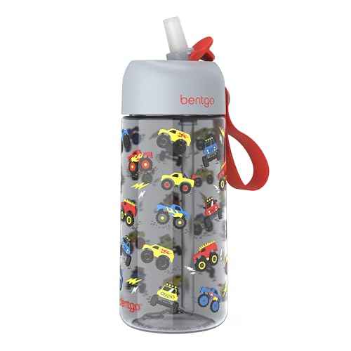 Bentgo Kids Water Bottle - Leak-Proof, Durable Tritan, BPA-Free 15 oz. Cup for Kids/Toddlers Ages 3+, Safe Sip Spout, Carrying Handle, & Dishwasher Safe for School, Sports, Daycare & Camp (Trucks)
