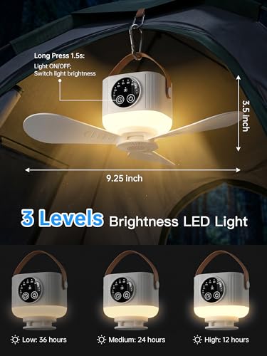 Portable Camping Ceiling Fan with Light Remote 9.25 inch Rechargeable Tent Fan
