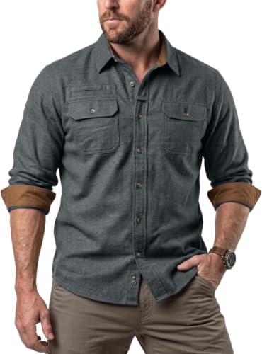 Men's Flannel Shirt - All Cotton Button Down, Long Sleeve, Brushed Warm Casual Plaid, Grey Large Tall Variation
