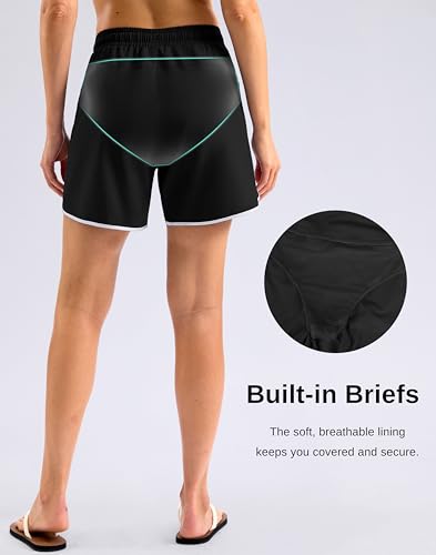 Women’s 5" Swim Shorts with Zipper Pockets & Quick Dry Liner - Black, Large
