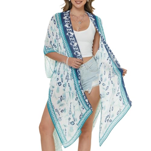 Beach Kimonos for Women Swimsuit Cover Up Boho Kimono Cardigans Navy & Teal Bliss Summer Resort Wear