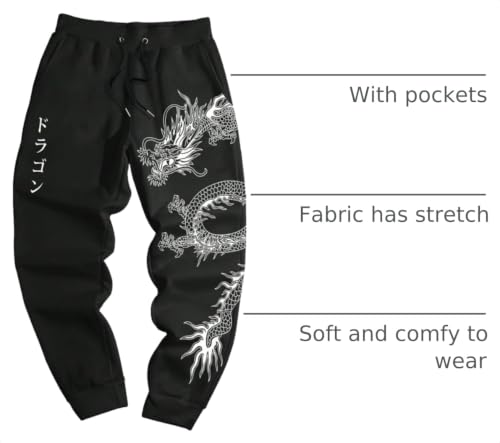 Men's Letter Dragon Graphic Sweatpants with Pockets - Large Black Jogger Pants