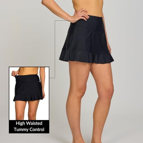 High Waisted Women's Swim Skirt with Tummy Control - Medium Black