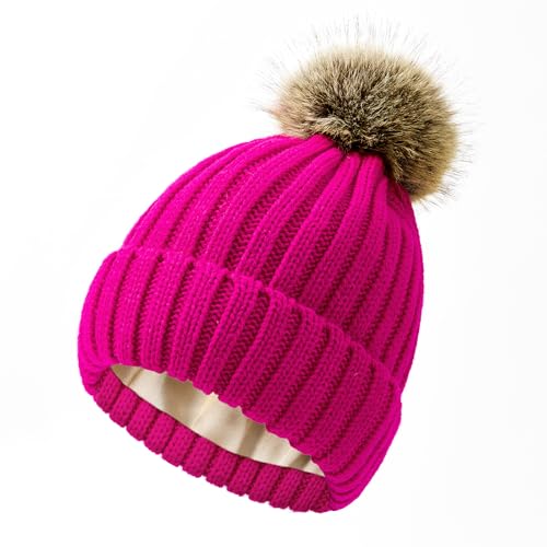 Satin Lined Beanie for Women Knit Winter Hats Silk Lined Womens Beanie with Detachable Pom Pom