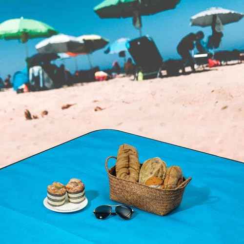 Beach Picnic Blanket, Sandproof Waterproof Camping Blankets Large, Outdoor Sandfree Foldable Mat 55x32in, Oversized Packable Family Mats for Hiking, Camping, Park, Travel, Grass Concert-Blue