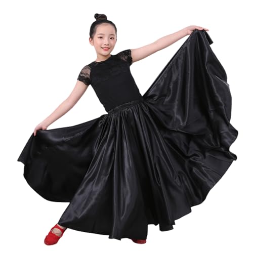 Girls Satin Full Circle Dance Skirt 360 Degree Black Long Swing Skirt for Girls 8-12 Years