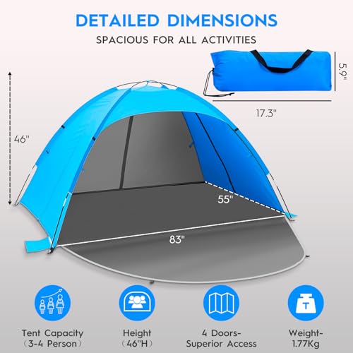 Beach Tent Sun Shelter for 3?4 People, UPF 50+ Beach Tent with Breathable 4-Door Design, 8.0mm Fiberglass Poles, Portable Sun Shade Canopy for Camping & Outdoor ? Blue