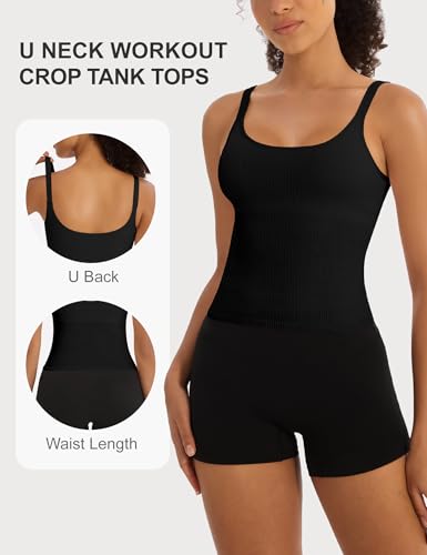 Large 2 Pack Women's U-Back Workout Tank Tops with Built-In Sports Bras - Black & Pink