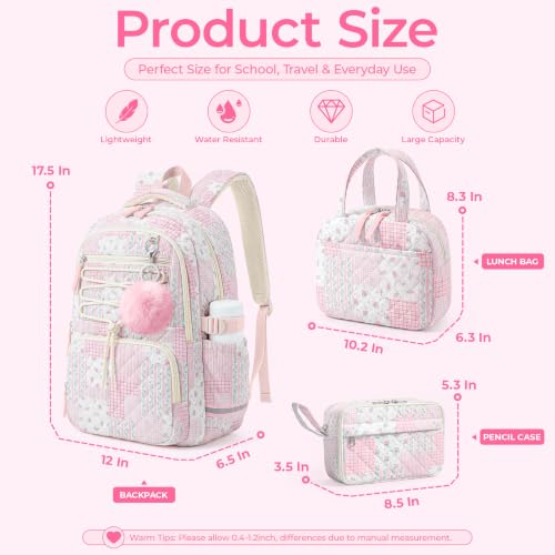 WOBAGMEN Pink Floral Patchwork Girls Backpack Set with Lunch Bag & Pencil Case - Medium, Quilted, 3-Piece School Bag