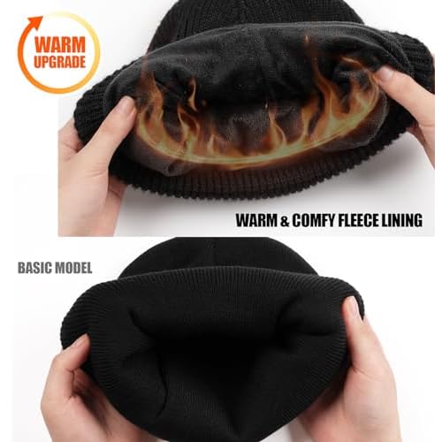 MELASA Winter Fleece Lined LED Beanie, USB Rechargeable Hand Free Warm Hat with Light Built in, Gifts for Men Dad Husband Him