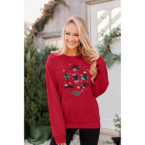 Meowy Christmas Sweatshirt for Women Christmas Cat Pullover Cat Lover Christmas Tops Merry Christmas Lights Sweater