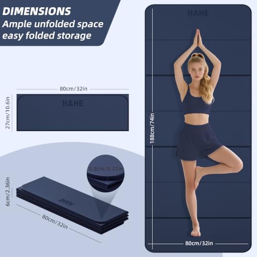 Foldable Yoga Mat 74" x 32" x 0.3" with Dual-Sided Non-Slip Surface - Navy Blue