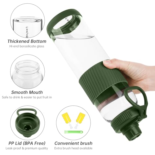 Military Green Borosilicate Glass Water Bottle 32 oz with 2 Lids & Straw