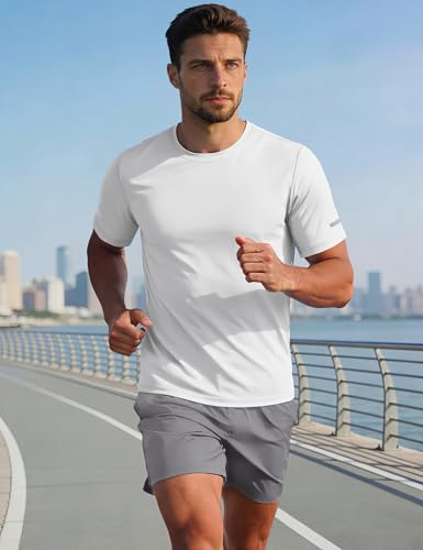 Men's Workout Shirt Short Sleeve Sun Protection UPF 50+ Athletic Tee Large White
