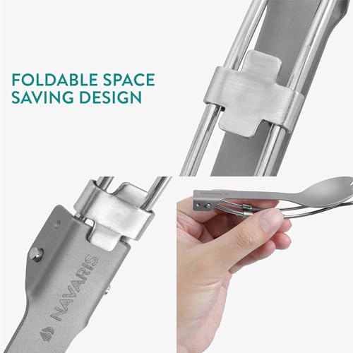 Navaris Titanium & Stainless Steel Spork - Lightweight & Foldable Travel Cutlery - Compact Reusable Fork & Spoon with Locking Mechanism & Carry Bag - Sporks for Camping & Outdoors