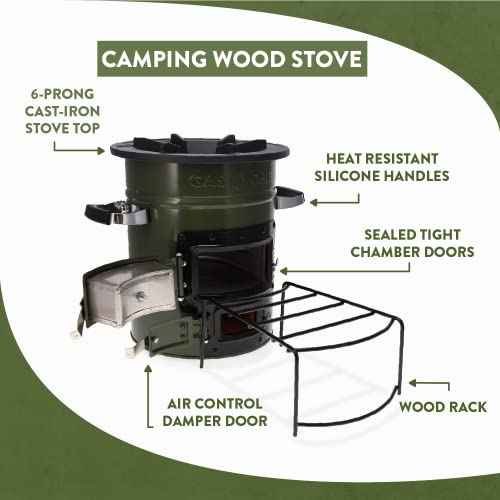 GasOne Premium Wood Burning Rocket Stove Camping for Backpacking, Hiking, RV and Survival - Insulated Barrel Stove Kit with Silicone Handles ? Military Green