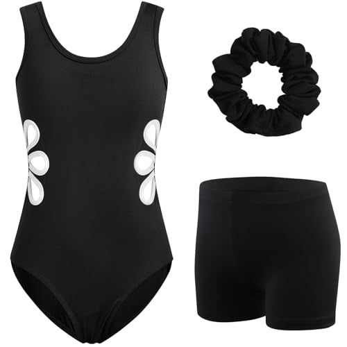 Kids Gymnastics Leotard Outfit with Sparkly Bow Back Biketard & Tumbling Shorts - Black Floral, 9-10 Years