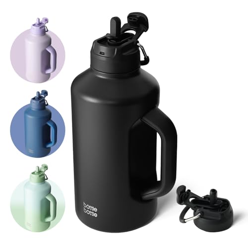 Insulated 64 oz Water Bottle with Dual-Use Lid and Large Handle - Black