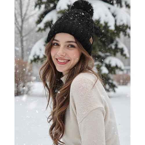 Trifabricy Womens Winter Hat Knit Crossed Cap Beanie Hats for Women Soft Warm Lined with Faxu Fur Pom Poms for Cold Weather