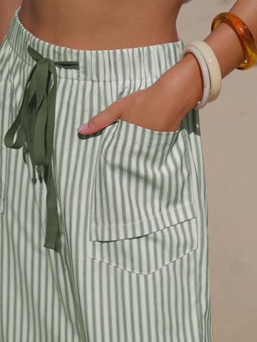 Women's Faux Linen Striped Barrel Capri Pants with Drawstring - Medium Grey Green