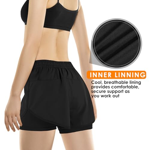 Women's 2-in-1 Running Shorts Medium Black High-Waisted Workout Gym Shorts